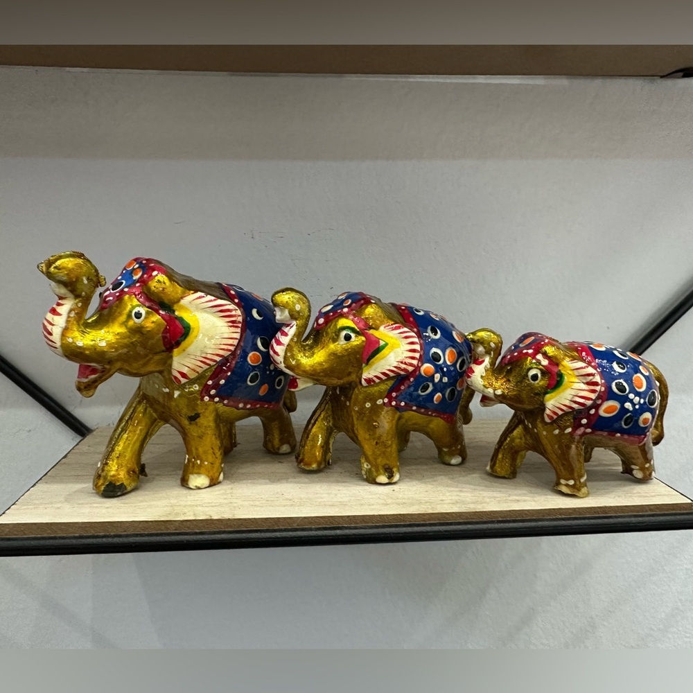 Raj Gold and Blue Hand painted Elephant Trio Good Luck Anthropologie Home